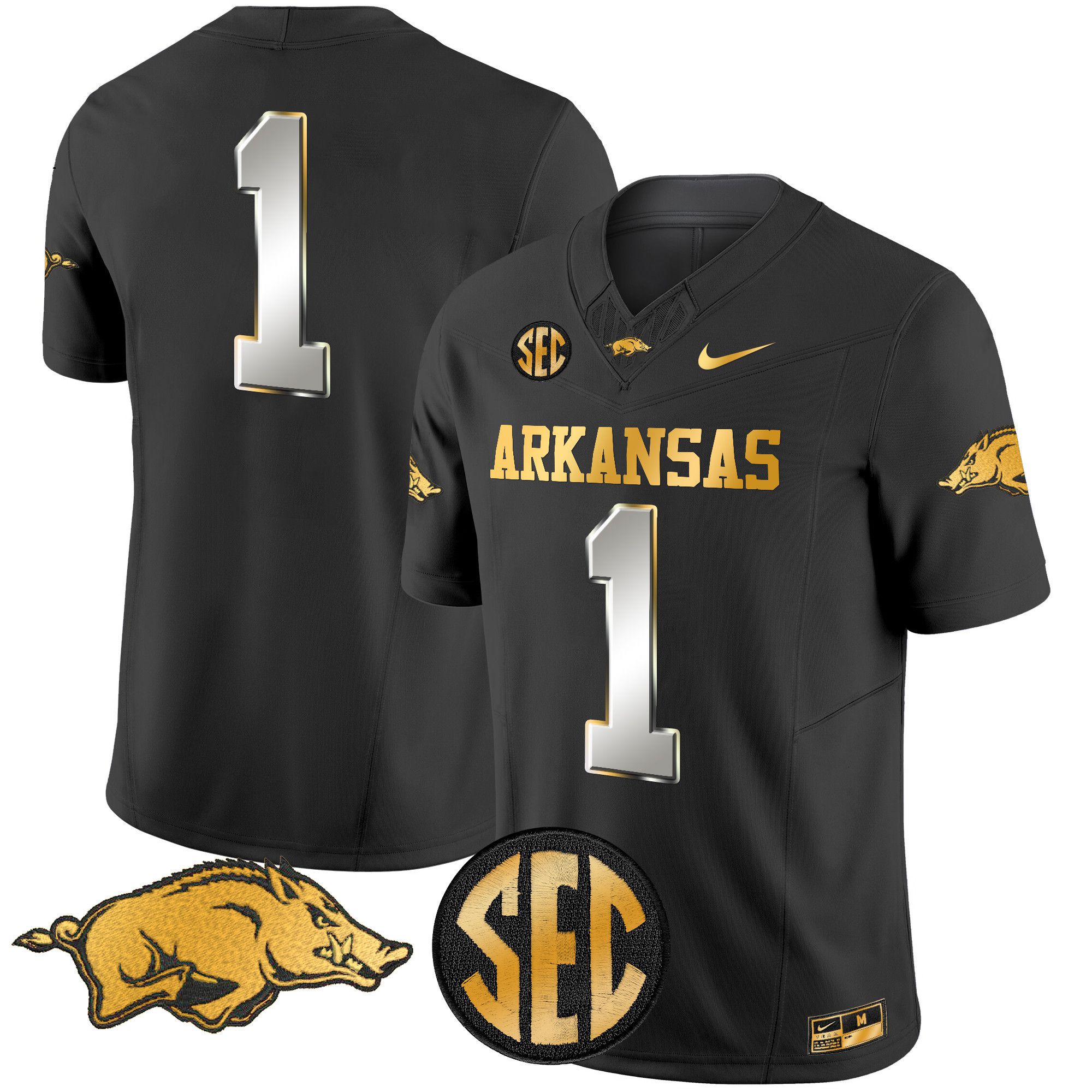 Men Arkansas Razorbacks #1 No Name Black Nike 2024 Gold Vapor Limited NCAA Jersey style 2